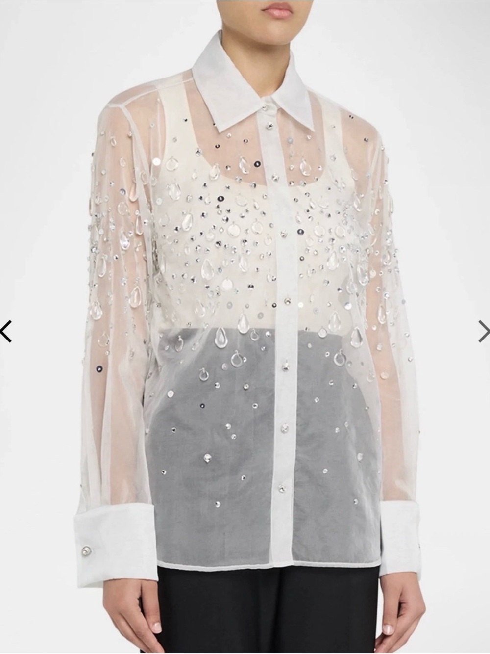 Retrofete Eugenia Sheer White Crystal Drop-Embellished Button-Up Blouse,
